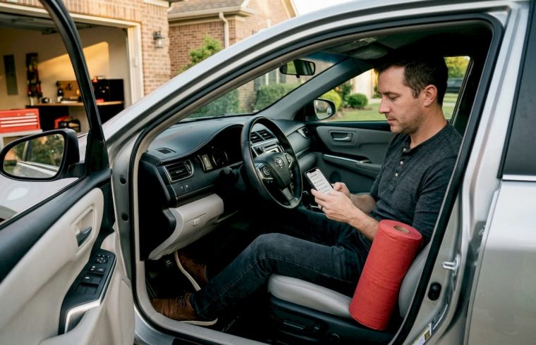 Car owner pressing brake pedal in garage