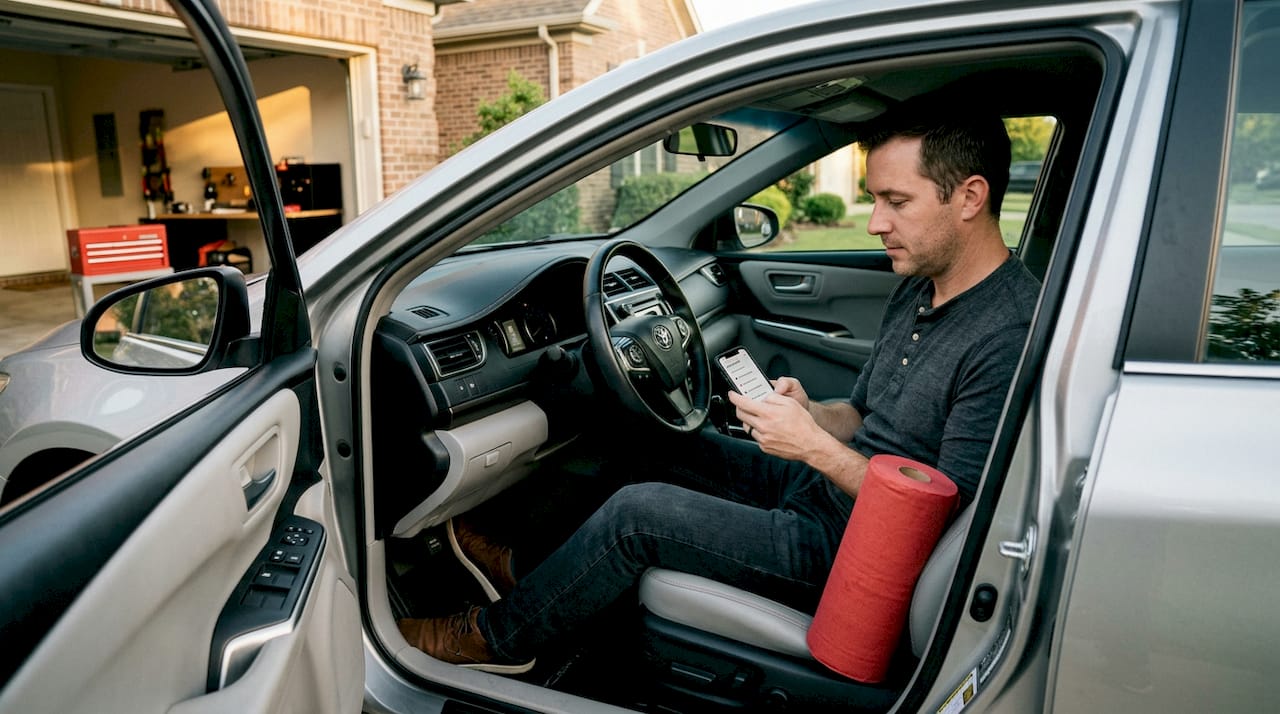 Car owner pressing brake pedal in garage