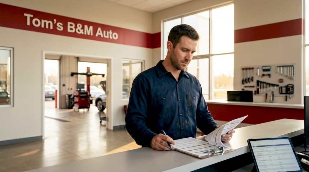 Mechanic checks paperwork near ASE certificates in shop