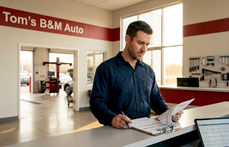 Mechanic checks paperwork near ASE certificates in shop