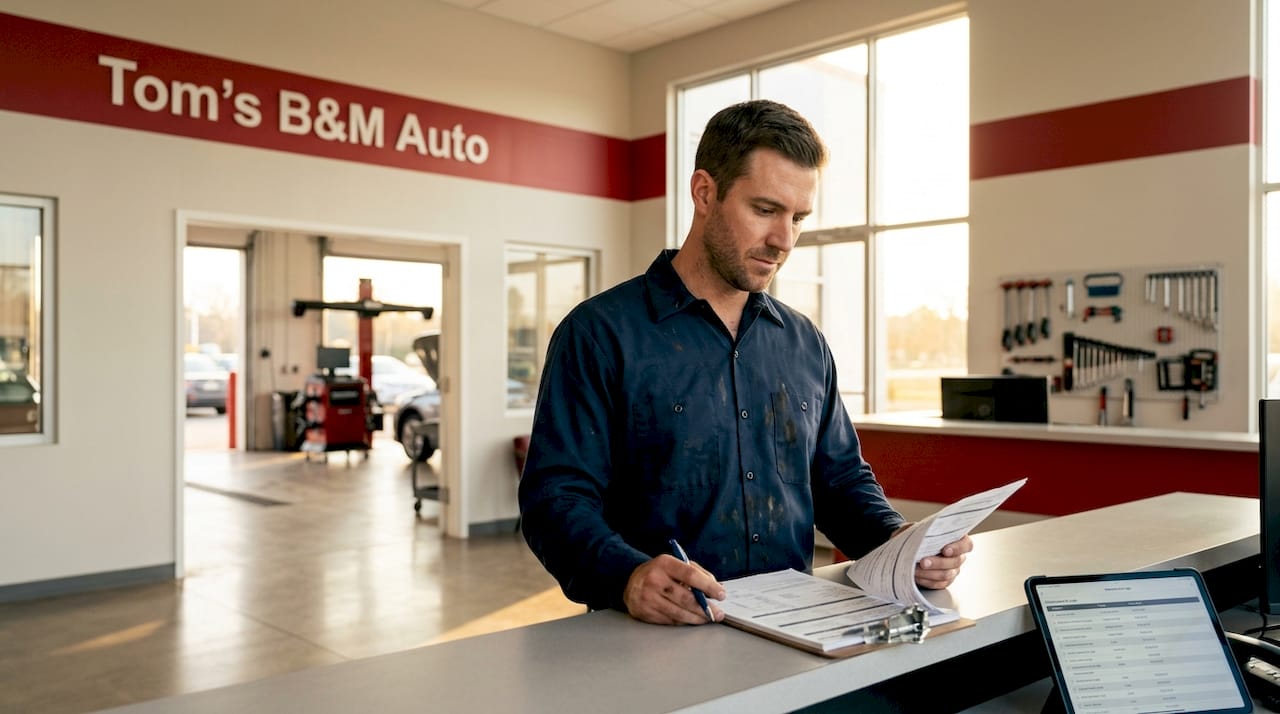 Mechanic checks paperwork near ASE certificates in shop