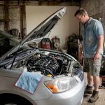 Man inspecting car engine in spring driveway