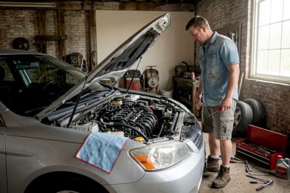 Man inspecting car engine in spring driveway