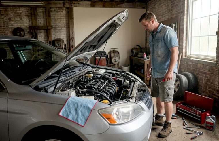 Man inspecting car engine in spring driveway