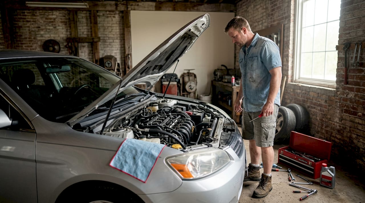 Man inspecting car engine in spring driveway