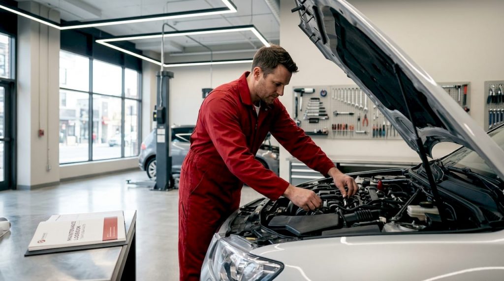 Mechanic performing car tune-up in garage