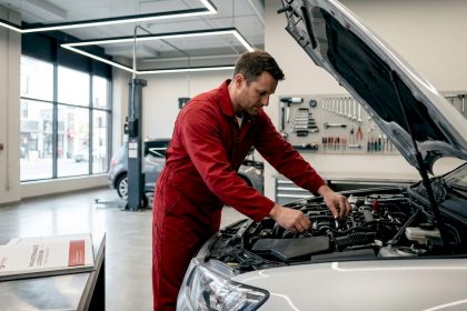 Mechanic performing car tune-up in garage