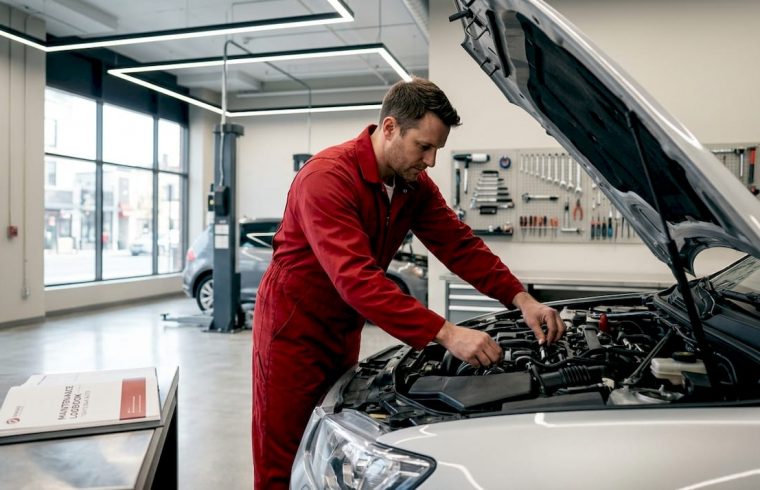 Mechanic performing car tune-up in garage