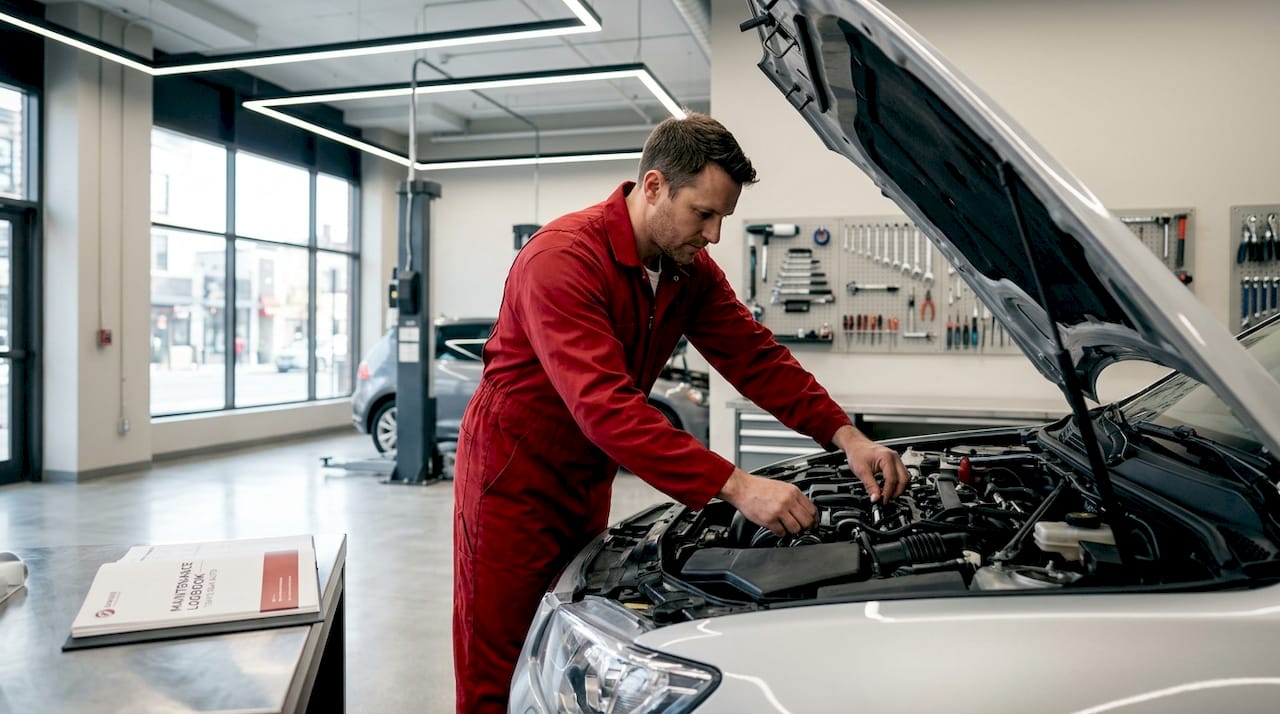 Mechanic performing car tune-up in garage
