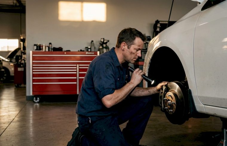 Mechanic inspecting car brakes in garage