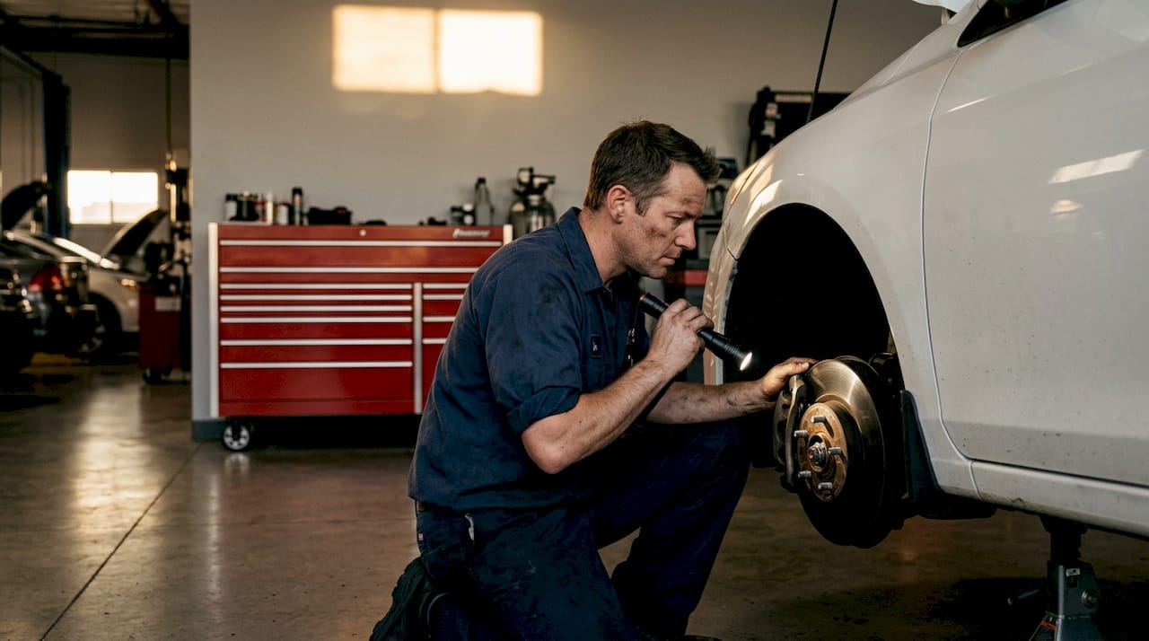 Mechanic inspecting car brakes in garage