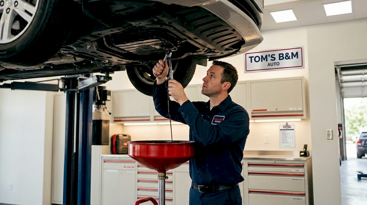 Mechanic changing transmission fluid under car
