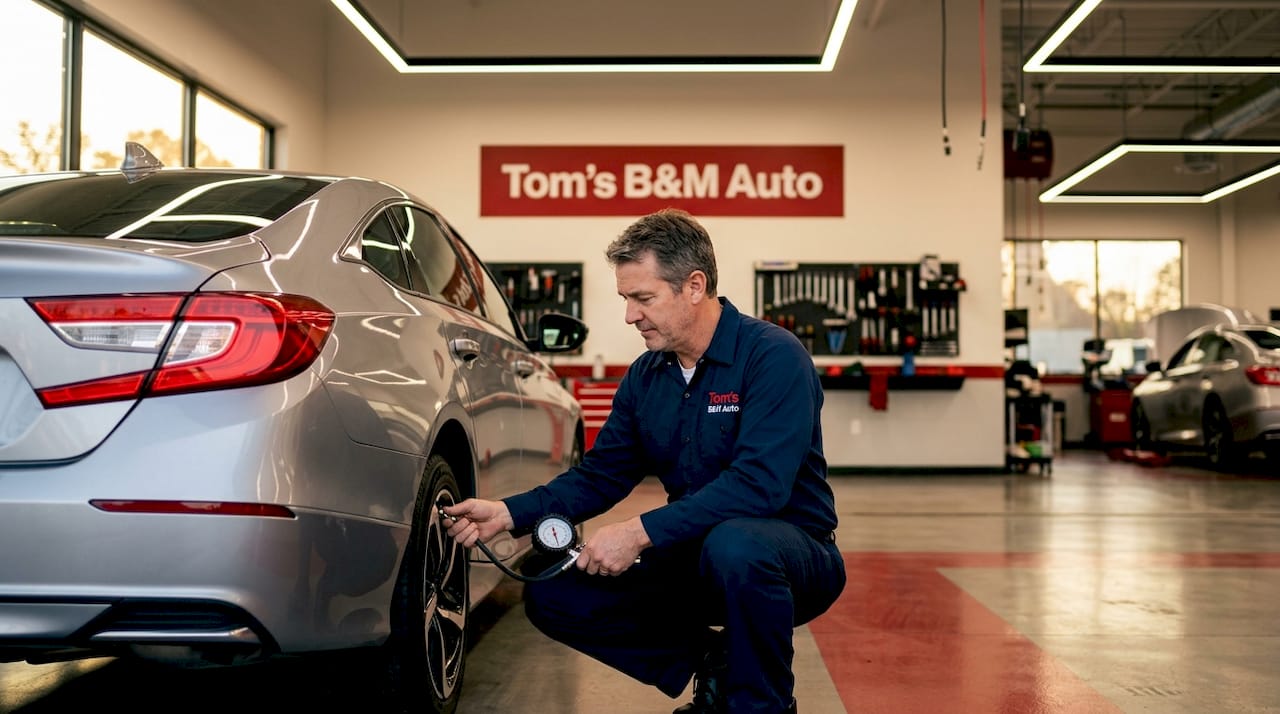 Mechanic checking car tire pressure in garage