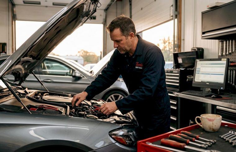 Mechanic diagnosing European car in garage