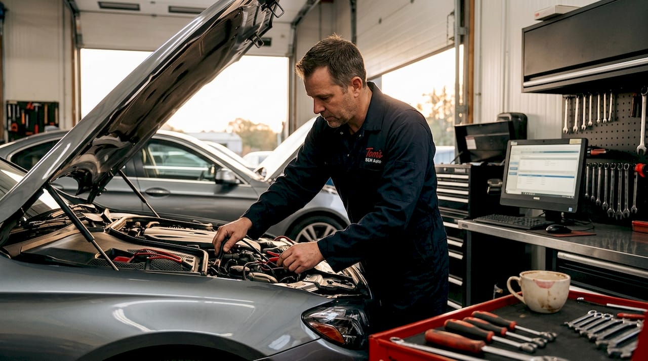 Mechanic diagnosing European car in garage