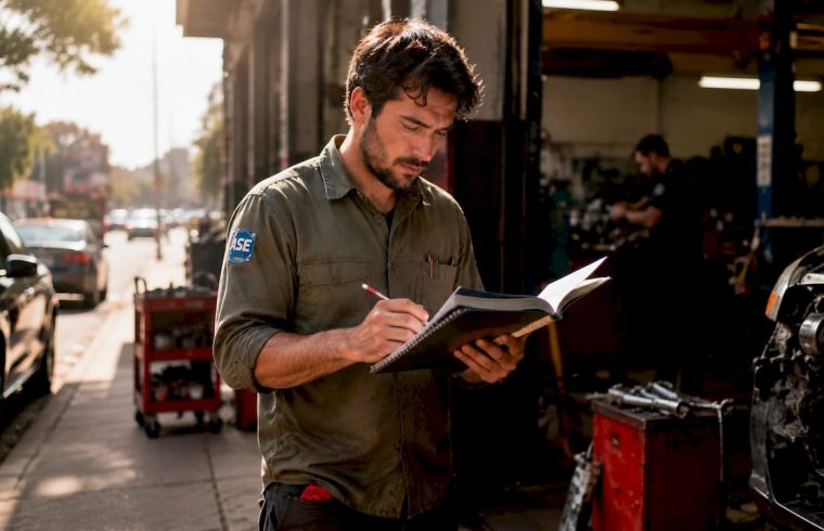 ASE-certified mechanic reviewing career materials