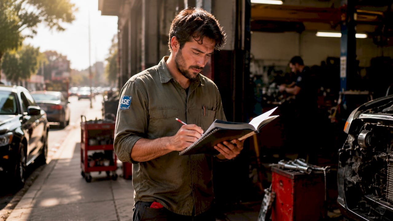 ASE-certified mechanic reviewing career materials