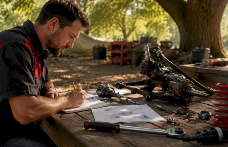 Engineer studying active suspension system components