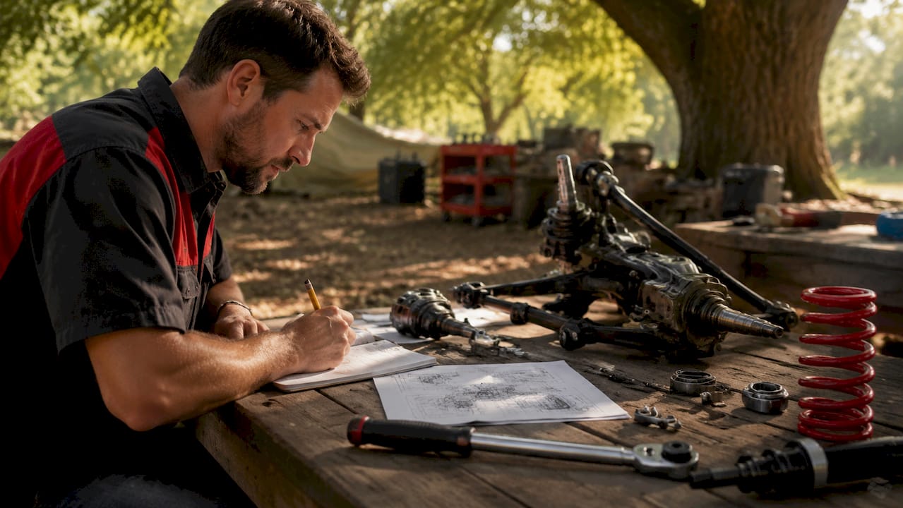 Engineer studying active suspension system components