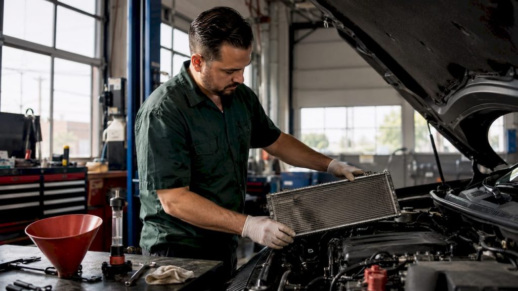 Mechanic inspecting car radiator under hood