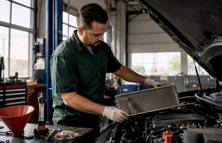 Mechanic inspecting car radiator under hood