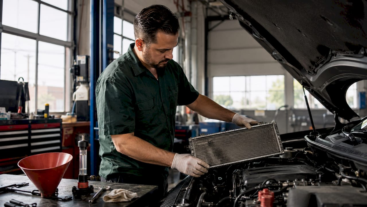Mechanic inspecting car radiator under hood