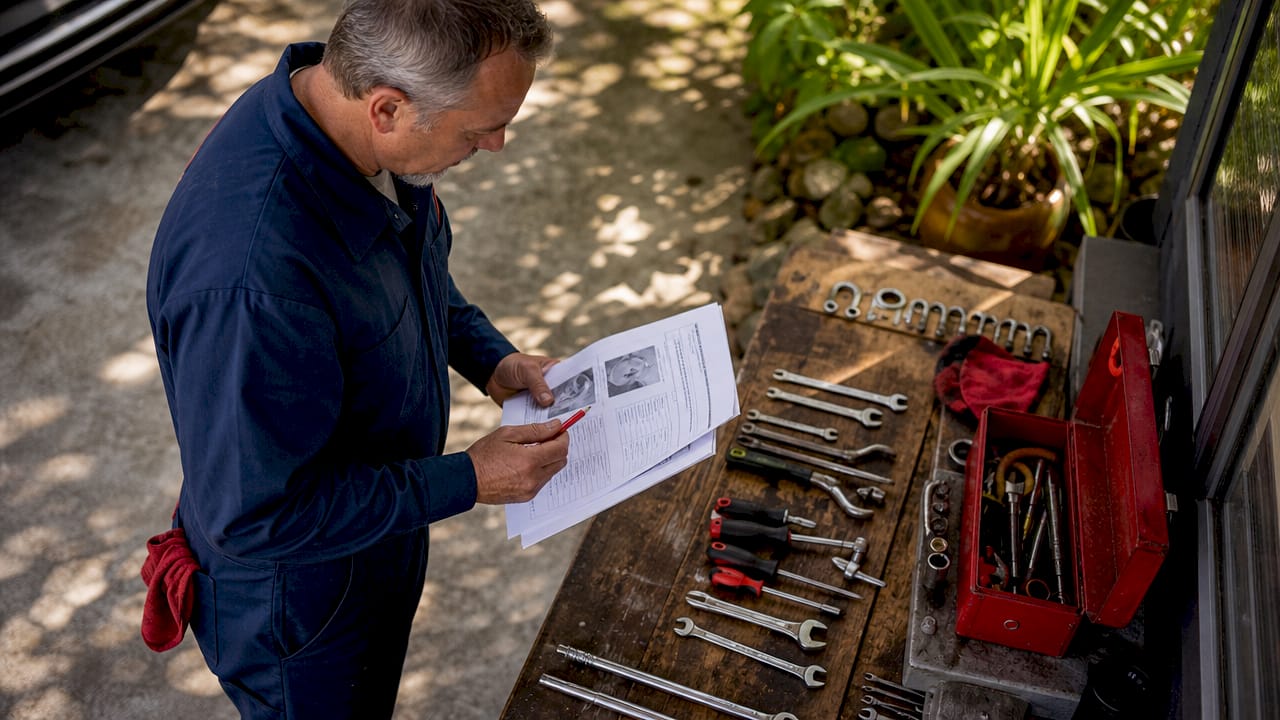 Auto technician reviewing vehicle diagnostic reports