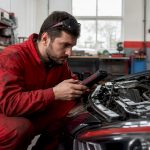 Mechanic diagnosing engine knock in repair shop