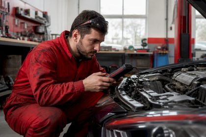 Mechanic diagnosing engine knock in repair shop