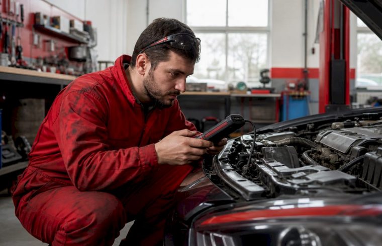 Mechanic diagnosing engine knock in repair shop