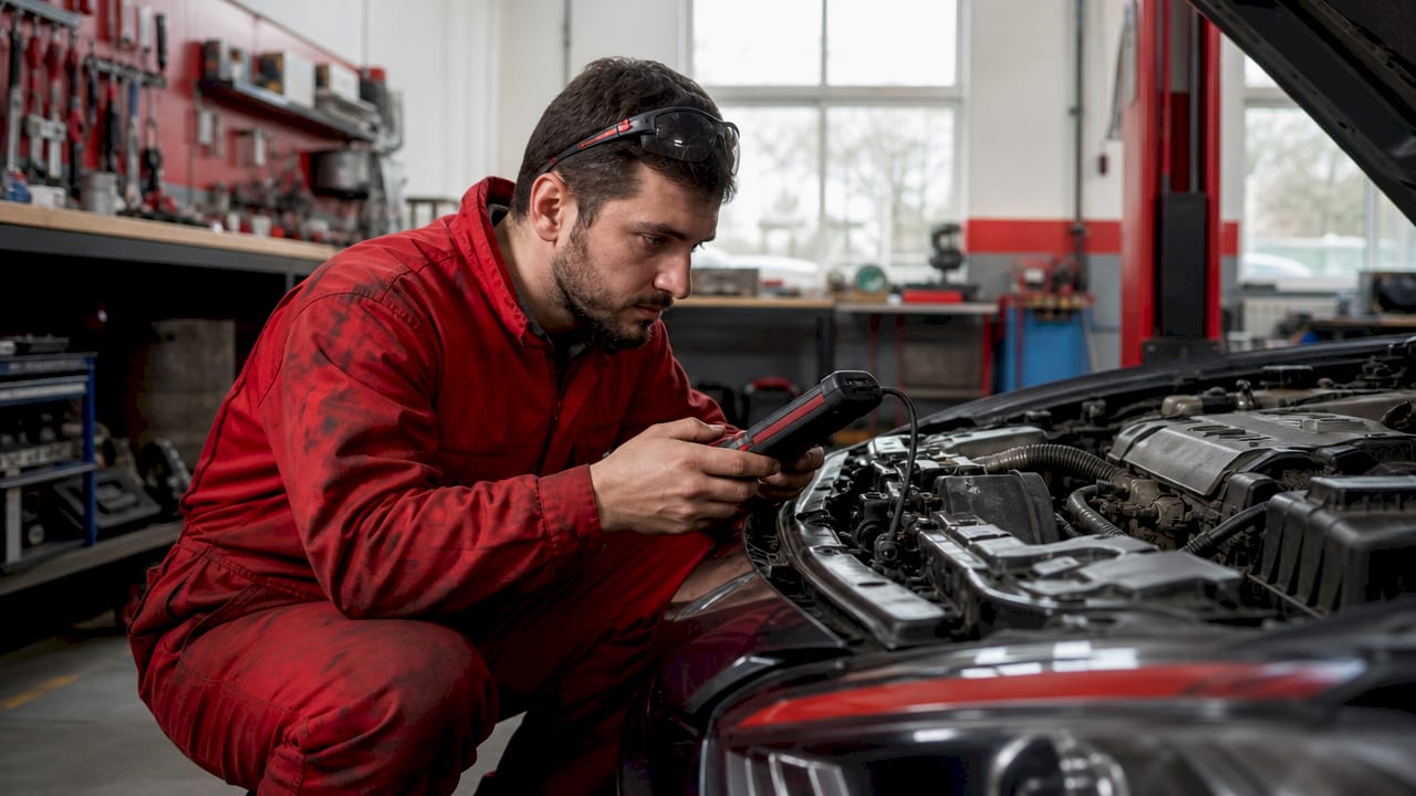 Mechanic diagnosing engine knock in repair shop