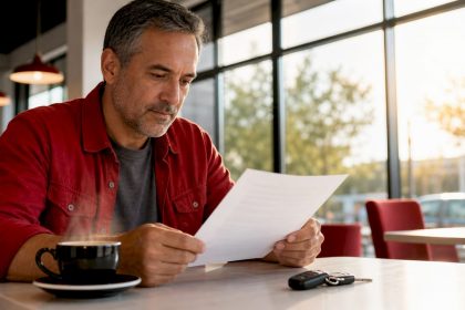 Man reviewing auto repair warranty at table