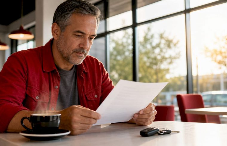 Man reviewing auto repair warranty at table