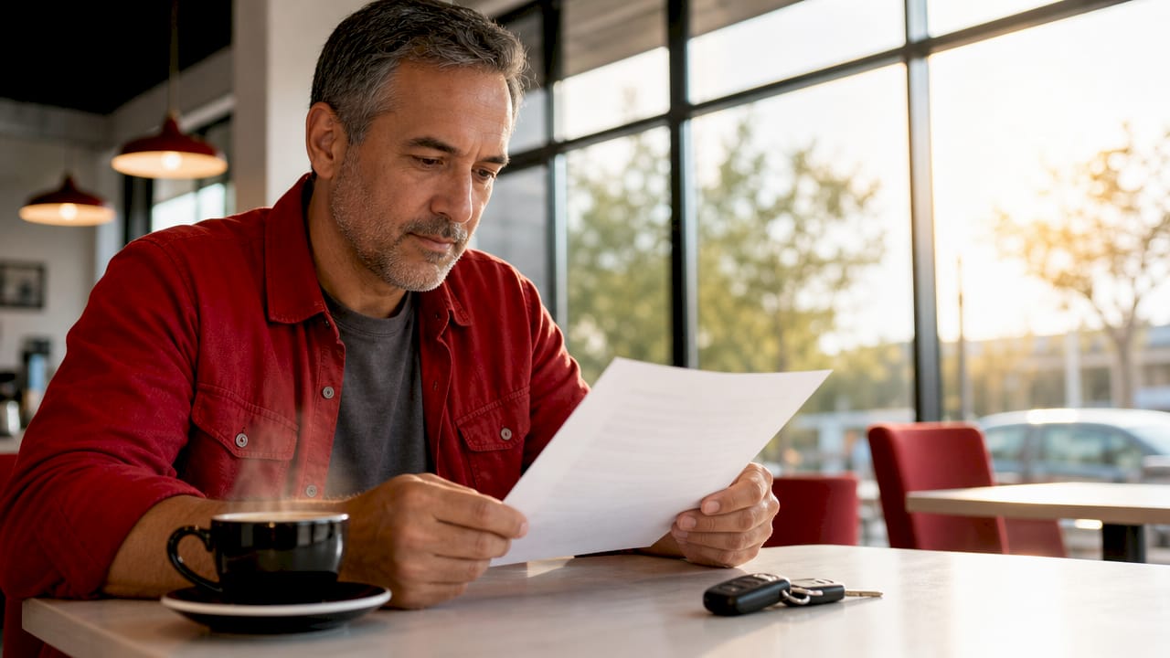 Man reviewing auto repair warranty at table