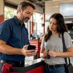 Auto technician showing digital inspection on smartphone
