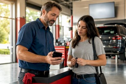 Auto technician showing digital inspection on smartphone
