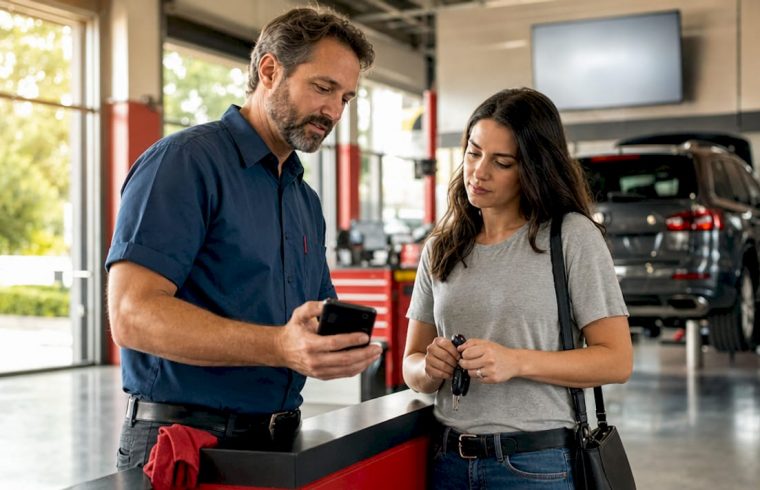 Auto technician showing digital inspection on smartphone
