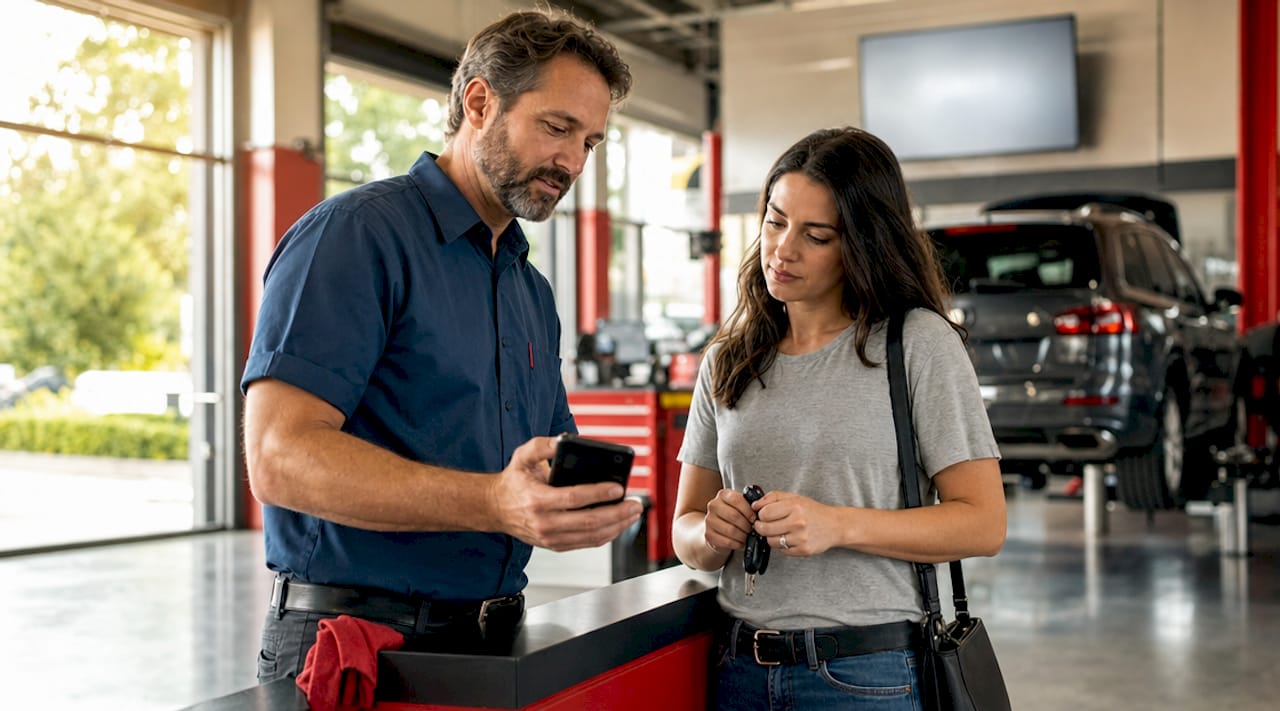 Auto technician showing digital inspection on smartphone