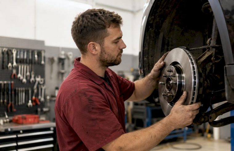 Mechanic installing brake rotor on wheel hub