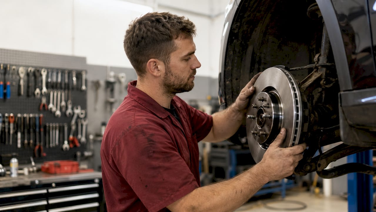 Mechanic installing brake rotor on wheel hub