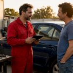 Mechanic explaining vehicle repairs to customer