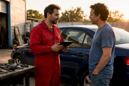Mechanic explaining vehicle repairs to customer