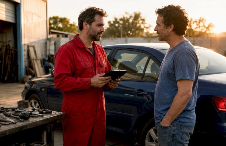 Mechanic explaining vehicle repairs to customer