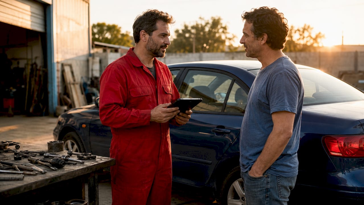 Mechanic explaining vehicle repairs to customer