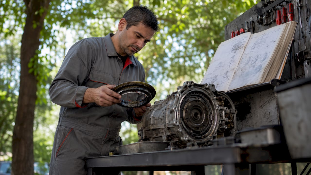 Technician inspecting vehicle transmission parts