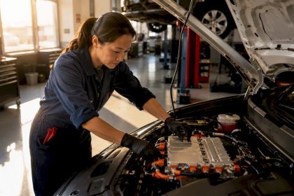 Technician inspecting hybrid vehicle battery