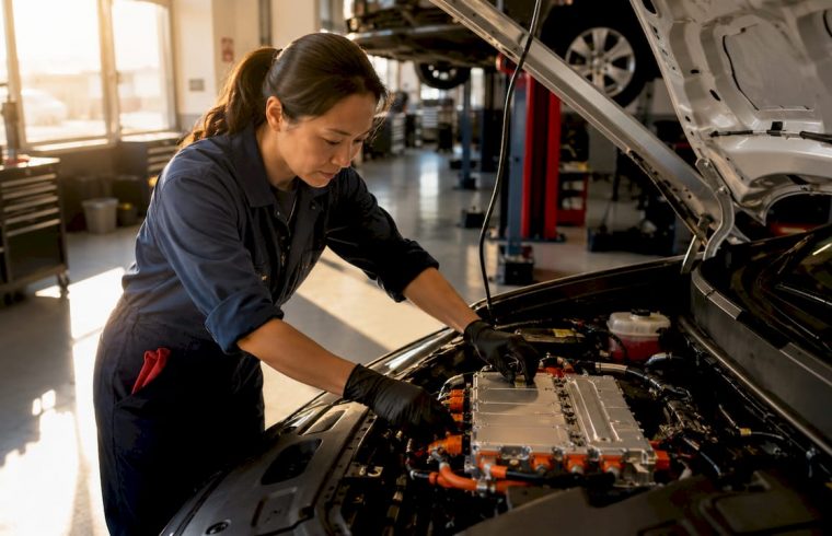 Technician inspecting hybrid vehicle battery