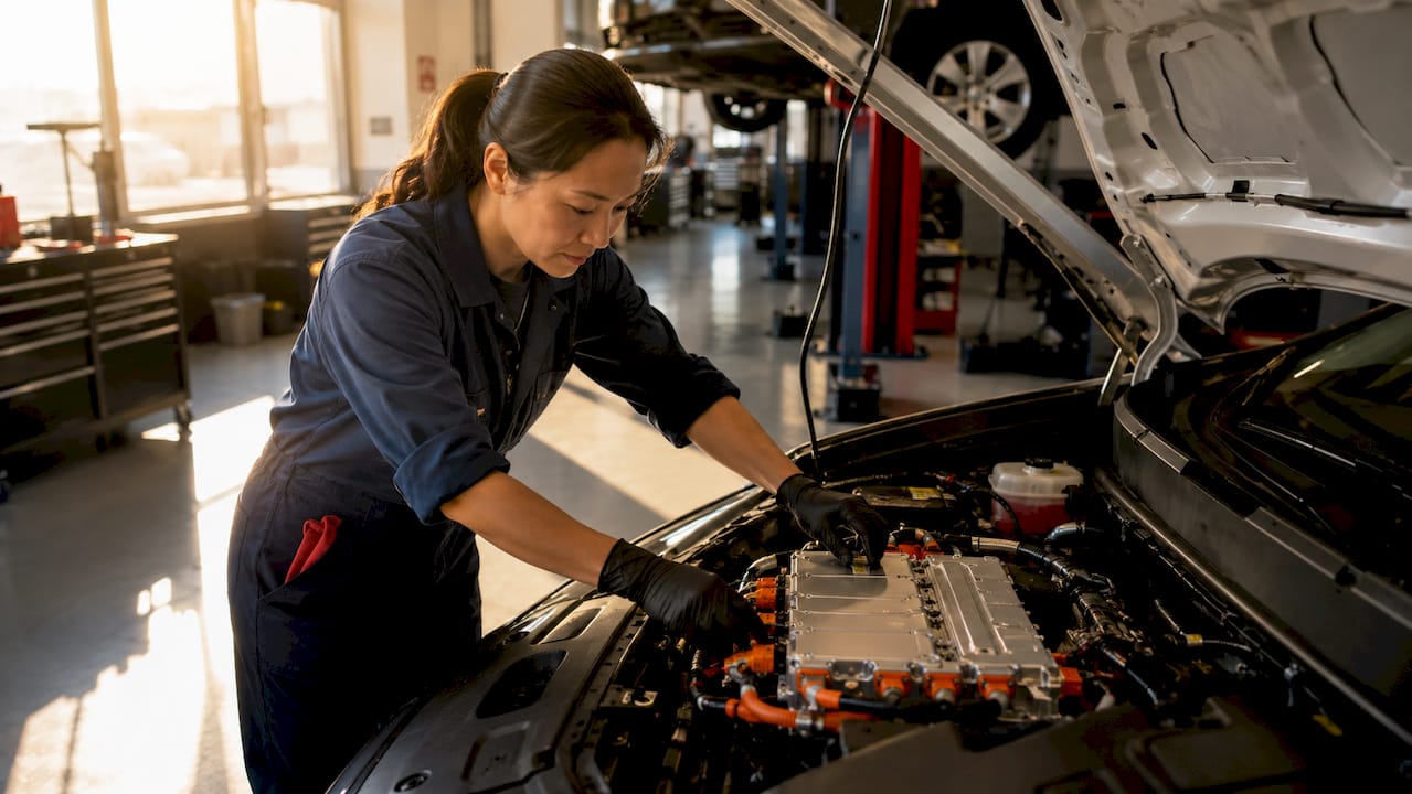 Technician inspecting hybrid vehicle battery