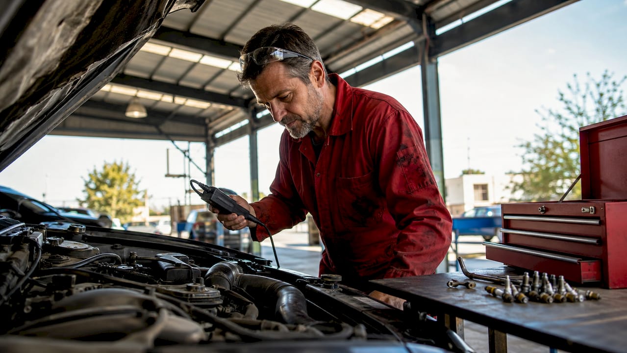 Mechanic diagnosing engine misfire in garage