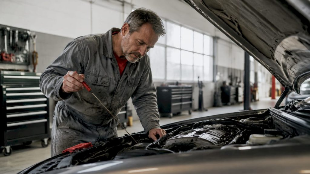 Mechanic checking engine of high mileage car